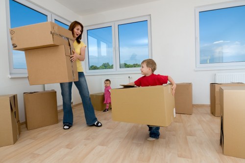 Boxes and household items arranged inside a storage unit